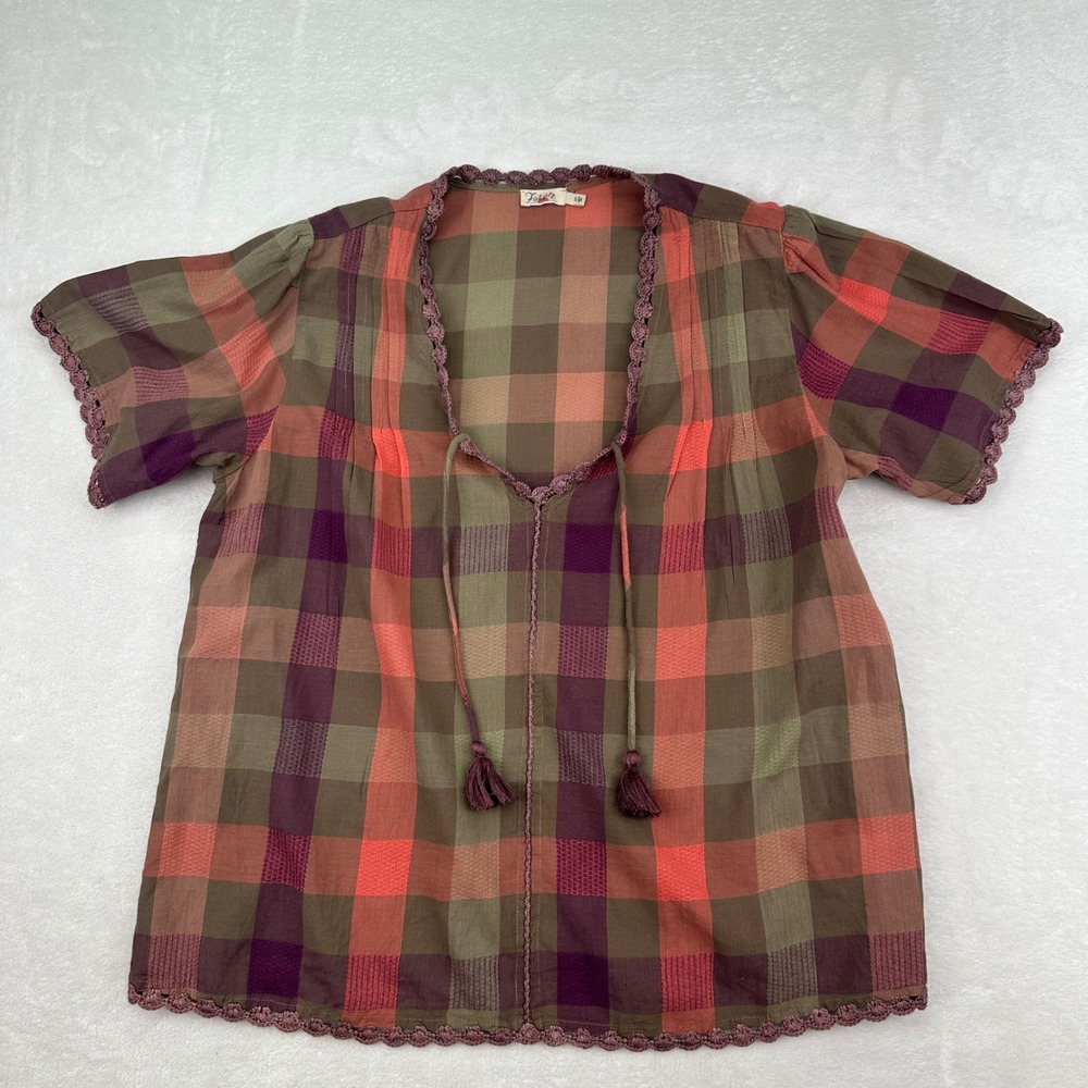 Faherty Margate Blouse Plaid Tassel Tie Organic Cotton Top Women's Size S